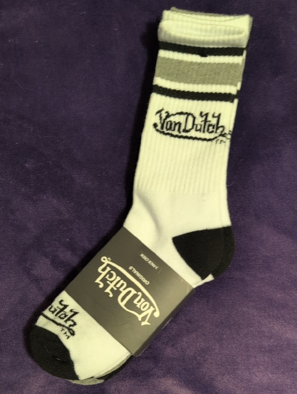 Von Dutch White Crew Athletic Socks with Black and Gray Accents
